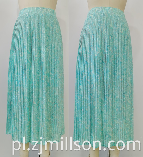 Woven blue flowers print chiffon pleated skirt